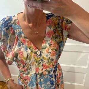 THML Floral Button-Front Midi Dress in Blue and Pink